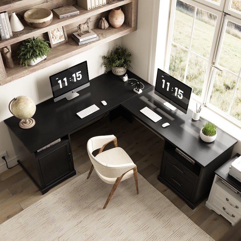 French Country L Shaped Desk with Charging Station, Office Computer Table with File Cabinet