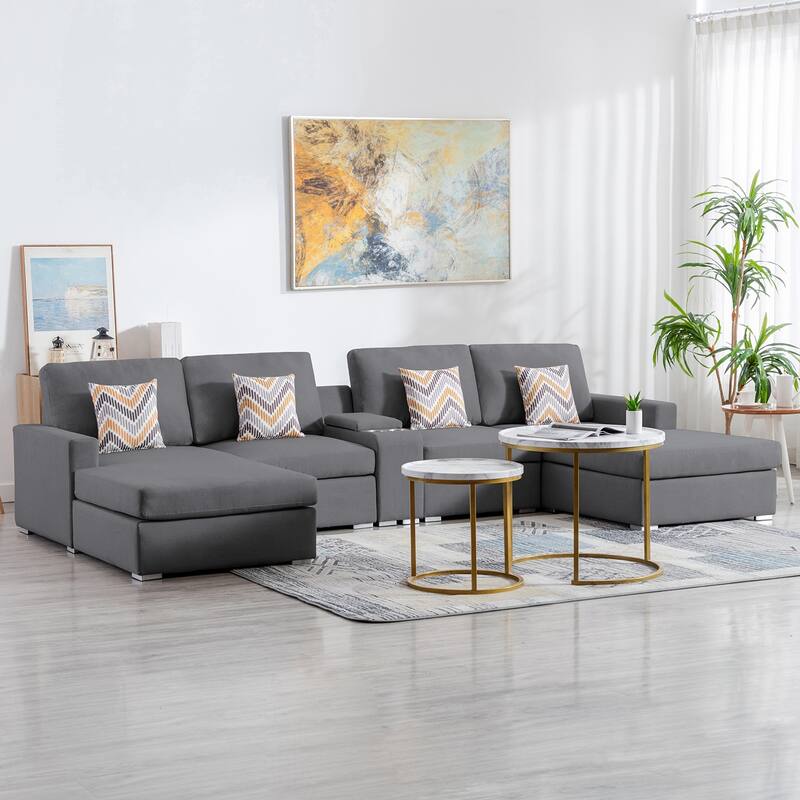 Linen Fabric 5 Piece Double Chaise Sectional Sofa with Storage Console Table and 4 Pillows