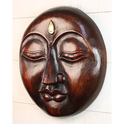 Wooden Moon Face Wall Art Hand Carved Crescent Moon Mask, Rustic Boho Home Decor Accent