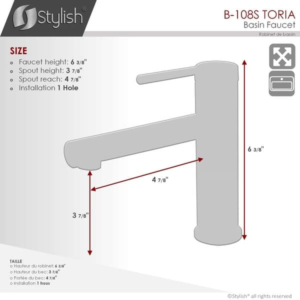 dimension image slide 1 of 3, STYLISH Stainless Steel Single Handle Single Hole Bathroom Faucet - Faucet Height: 6 3/8" Spout Height: 3 7/8"