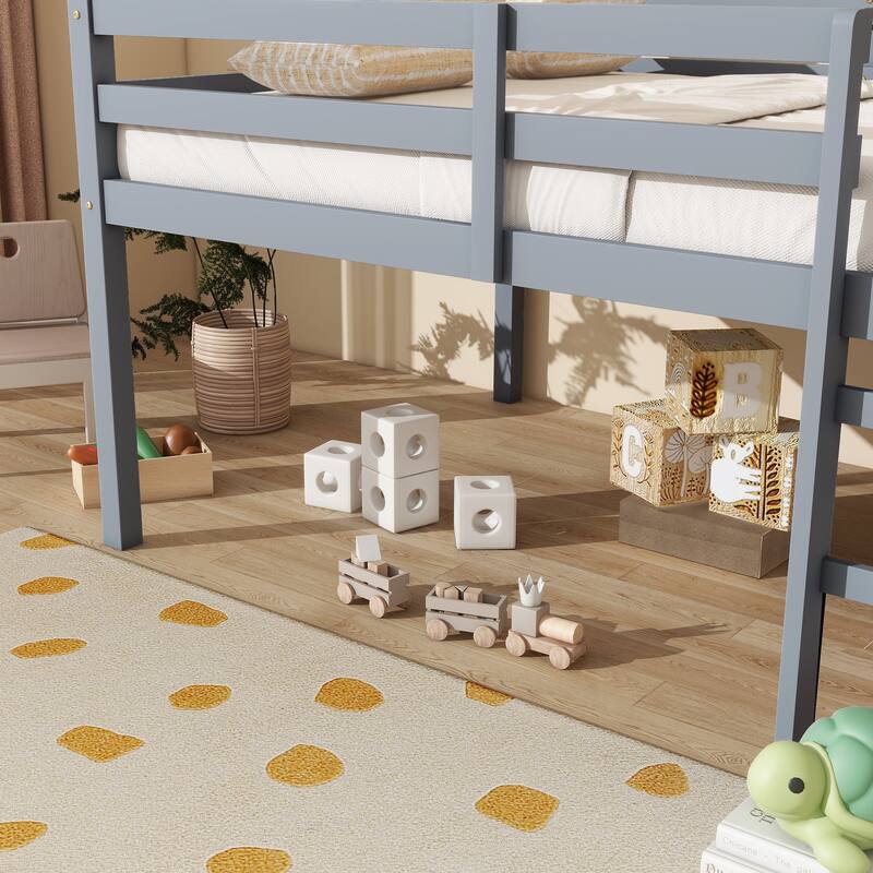 Full Rubber Wood Loft Bed with Ladder, Grey, Space Storage, Low Height Design