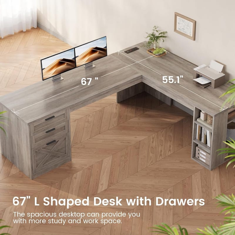 Farmhouse Executive L Shaped Desk Home Office Desk with Drawers and Storage Cabinet & Power Outlet