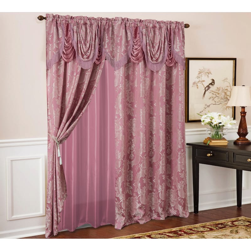 Rosalie Floral/Damask Textured Jacquard Single Rod Pocket Curtain Panel w/ Attached Valance - 54 x 84 in. - 54 x 84 in.