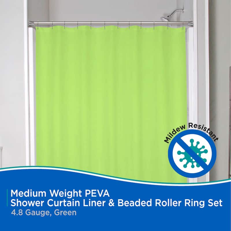Kenney Medium Weight PEVA Shower Curtain Liner & Beaded Roller Ring Set, 70" W x 72" H