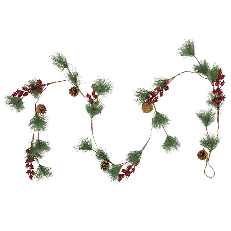 6.5' Pine and Berry Artificial Christmas Garland, Warm White LED