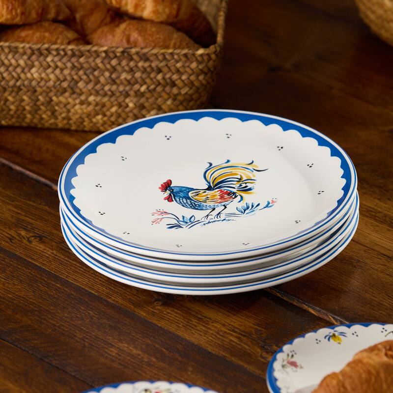 Certified International French Rooster 9" Salad/Dessert Plates, Set of 4 Assorted Designs - 9.00"L x 9.00"W x 1.00"H