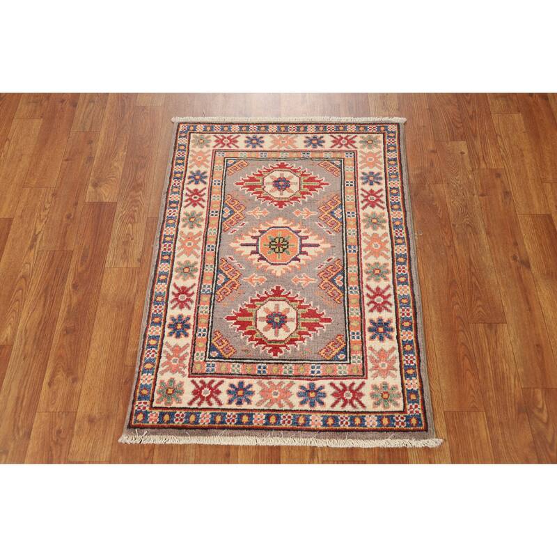 Geometric Kazak Oriental Rug Handmade Grey Wool Carpet - 2'0"x 3'0"