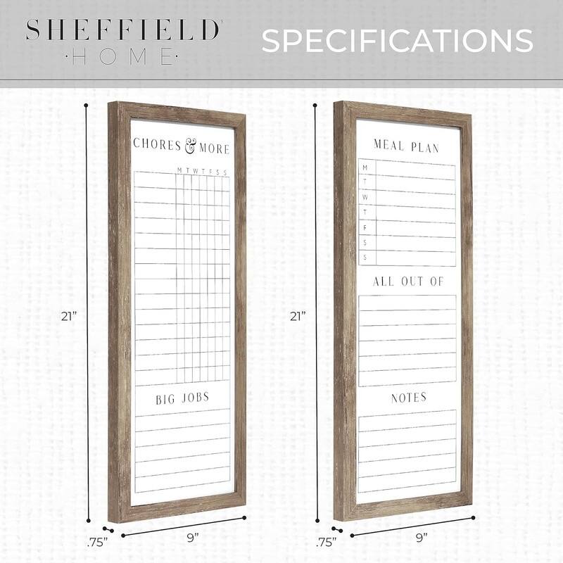 Sheffield Home Set of Two Family Planner Dry Erase Boards Featuring, Shopping List, Weekly Meal Planner and Notes, 9x21 Inch