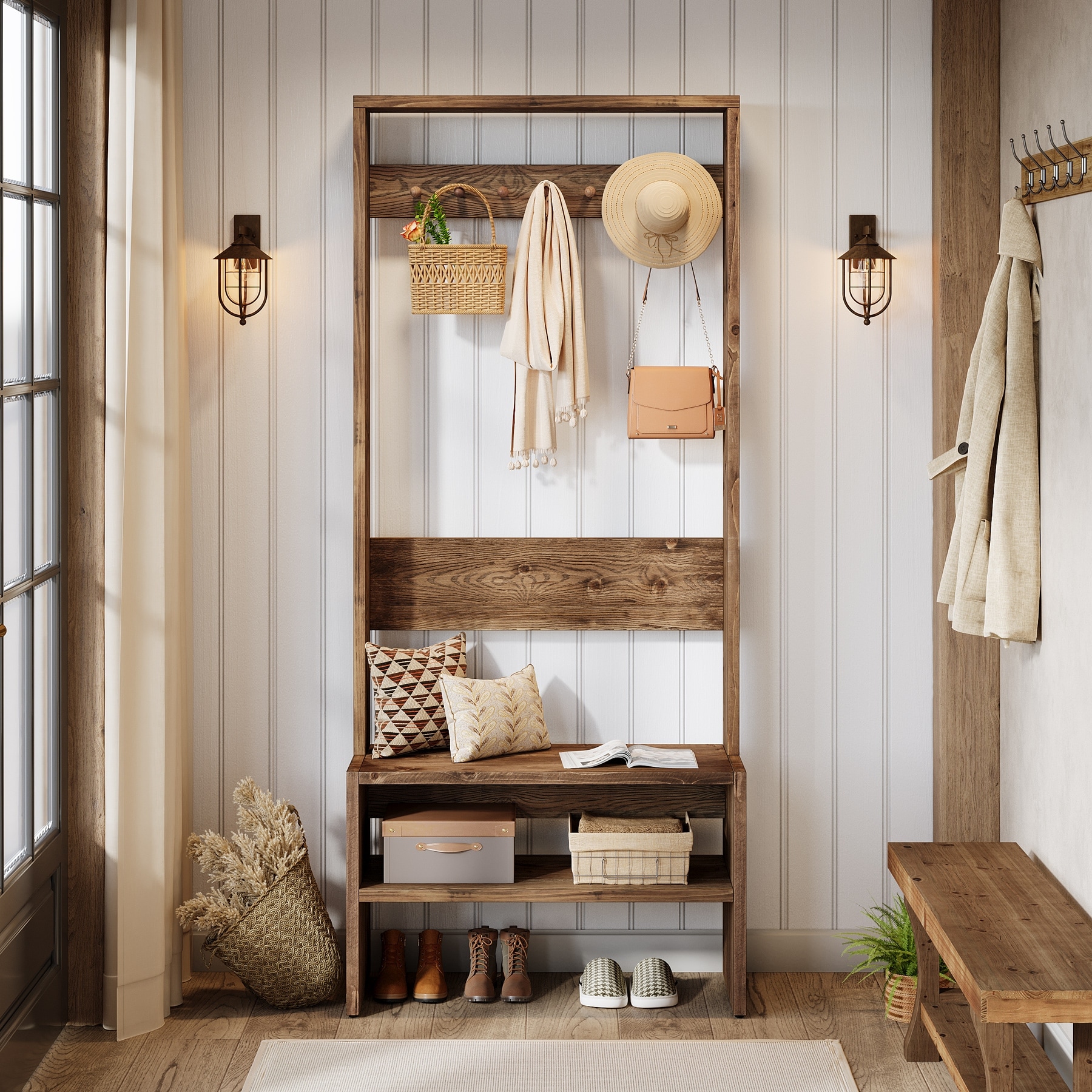 Solid Wood Entryway Hall Tree With Storage Bench And 7 Hooks