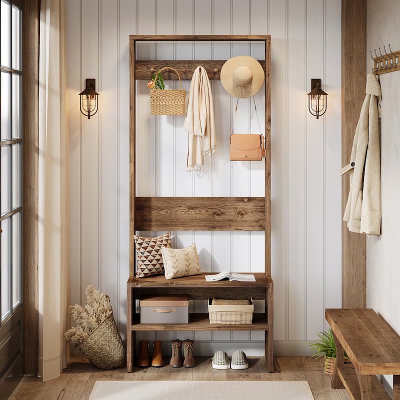 Solid Wood Hall Tree with Bench and Shoe Storage, 74.8" Tall Freestanding Coat Rack - 13.7" D x 33.4" W x 74.8" H