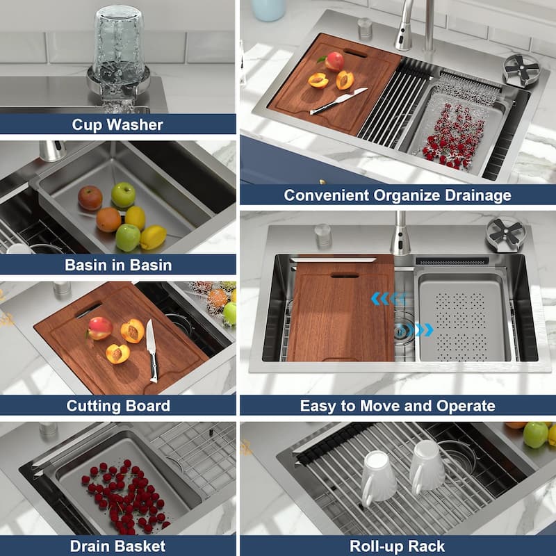 Lordear 31" Kitchen Sink Drop In Flying Rain Waterfall Stainless Steel Sink with Cup Washer and Pull Out Faucet