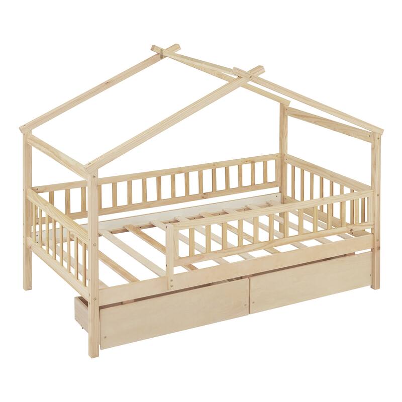 Kids Twin/Full Wooden House Bed with Roof and Storage Drawers, Solid Pine Frame