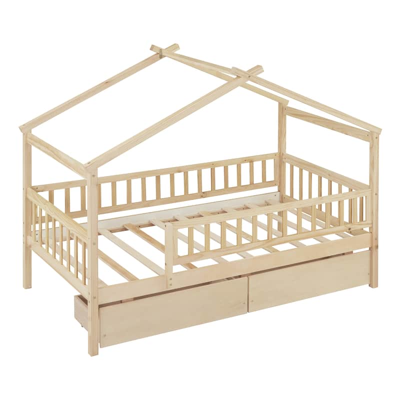 Wooden House Bed with Two Drawers