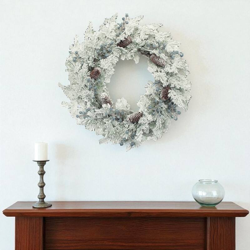 HomeRoots 24" White Flocked Pine And Pinecone Artificial Wreath - Green/White - 24.00 in. x 24.00 in. x 6.25 in.