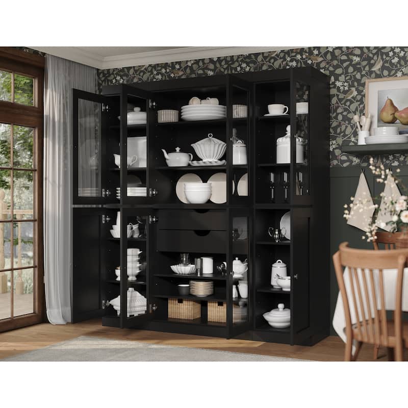 Palace Imports 100% Solid Wood 65" Pantry Cabinet with Clear Glass, Shaker Doors, 2-Drawers and Adjustable Shelves