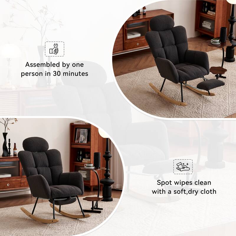 Teddy Fabric Upholstered Modern Nursery Rocking Chair with Footrest & High Backrest