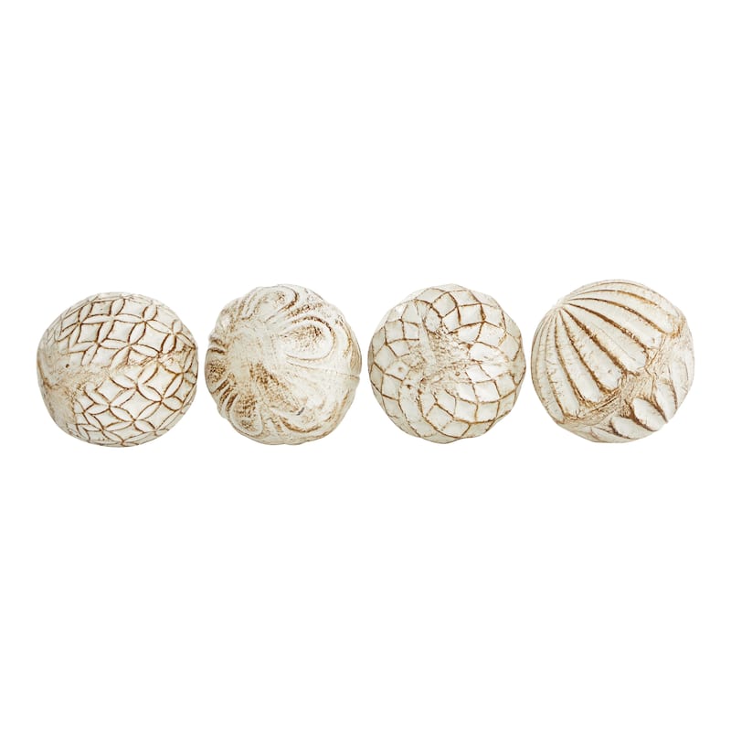 Ceramic Handmade Carved Decorative Ball Orbs & Vase Filler with Varying Patterns - Set of 4 White - Roche River Décor.