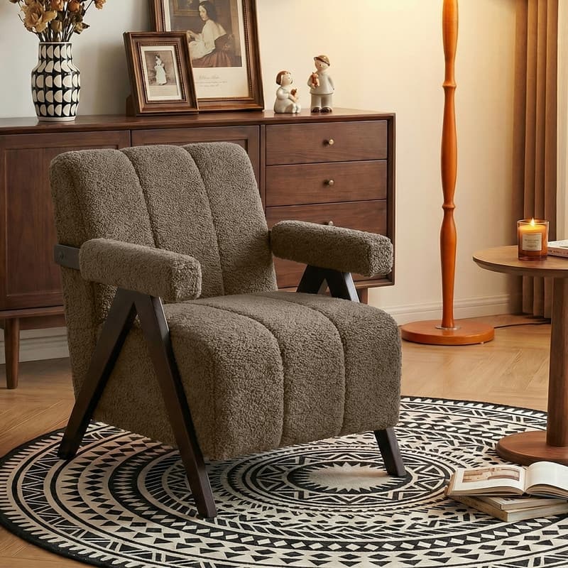 Mid Century Modern Accent Chair, Solid Wood Upholstered Armchair with Wide Backrest and Thick Cushion