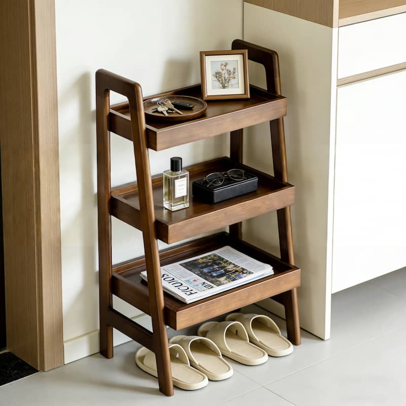 100% Solid Wood Ladder Shelf, 3 Tier Small Ladder Bookshelf, Freestanding Ladder Shelf with Open Storage