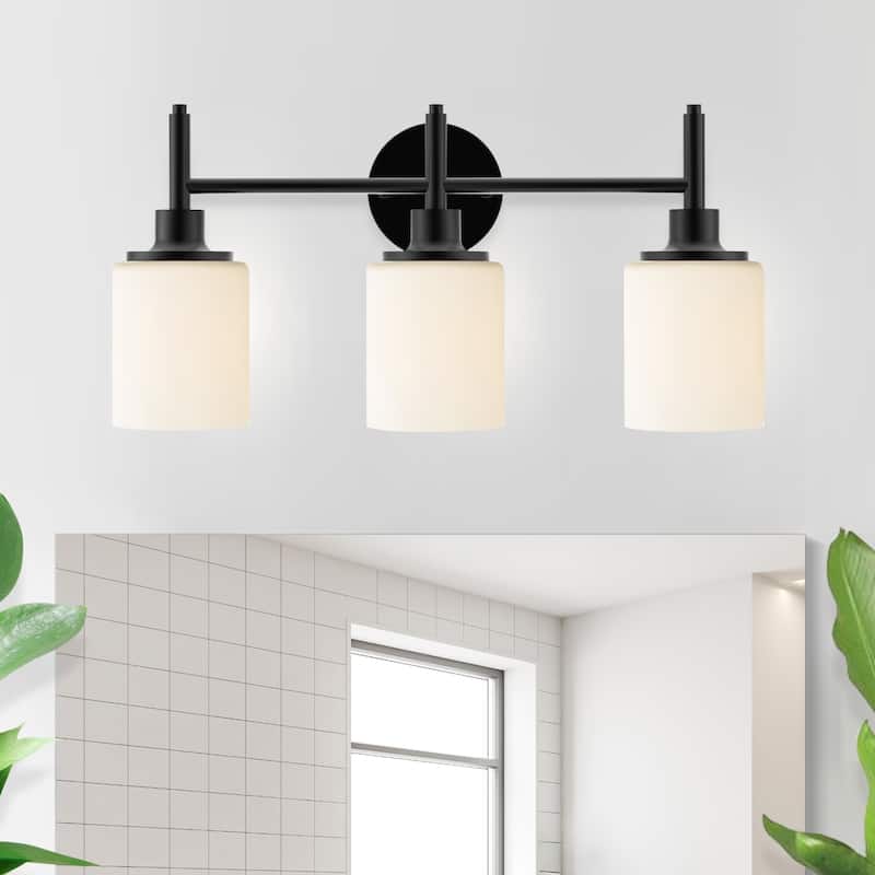 21 in. 3-Light Matte Black Finish Vanity Light with White Glass Shades - 21.6 in. L x 6.75 in. W x 10.6 in. H