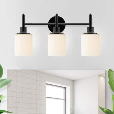 21 in. 3-Light Matte Black Finish Vanity Light with White Glass Shades - 21.6 in. L x 6.75 in. W x 10.6 in. H