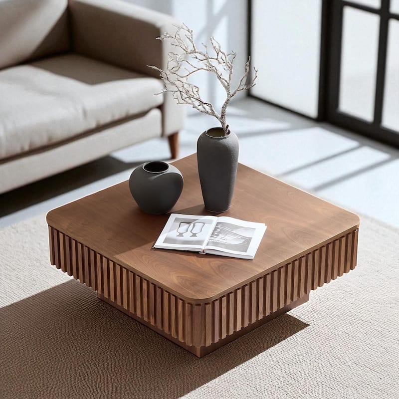 35.43" Modern Handcrafted Drum Coffee Table with Lift-Top and Hidden Storage, Square Wooden Accent Table - Brown
