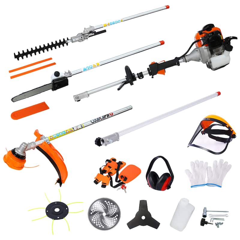 10 in 1 Multi-Functional Trimming Tool, 33CC 2-Cycle Garden Tool System with Gas Pole Saw, Hedge Trimmer, Grass Trimmer - Orange