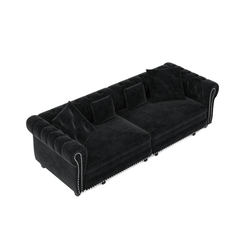 89" Chesterfield Pull Out Sofa Bed - Velvet 3-in-1 Convertible Sleeper with Chaise & Ottoman, King Size Sleeper Sofa