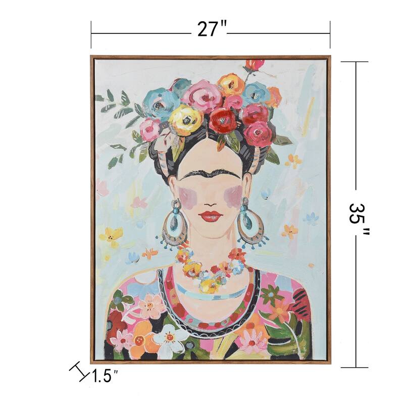 Boho Frida - Acrylic Hand Painted Lady Portrait Wall Art - Natural Wood Frame