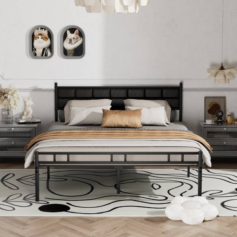 Javlergo Metal Bed Frame with PU Upholstered Headboard, No Box Spring Needed - Black - Queen