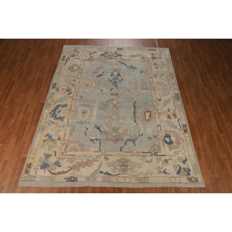 Geometric Oushak Turkish Area Rug Hand-Knotted Blue Wool Carpet - 7'9"x 10'0"