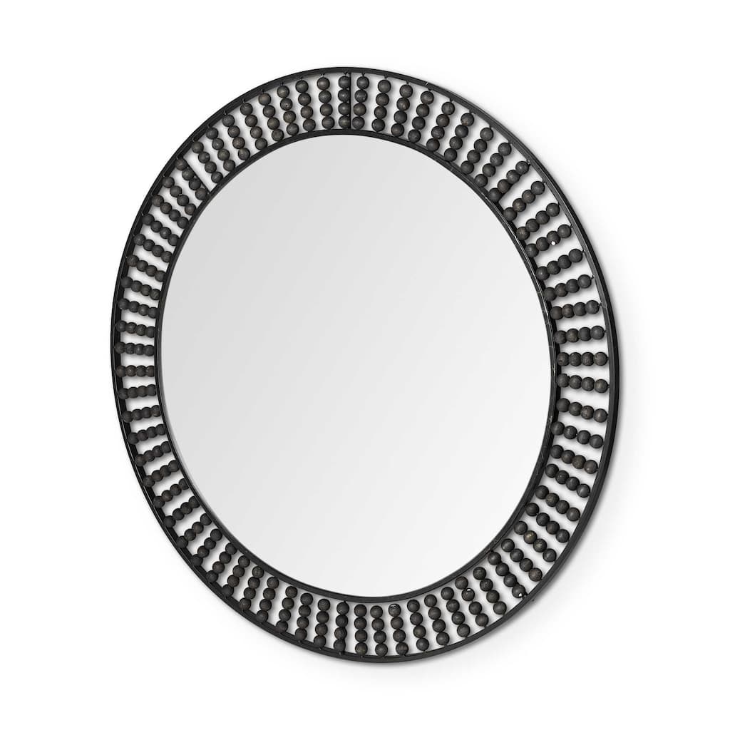 HomeRoots 42" Round Black Metal Frame Wall Mirror With Wood Beads - 33