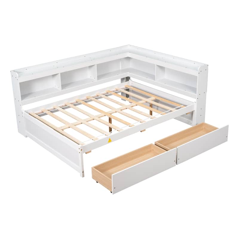 White Pine Full Daybed with L-Shaped Bookcases and Drawers