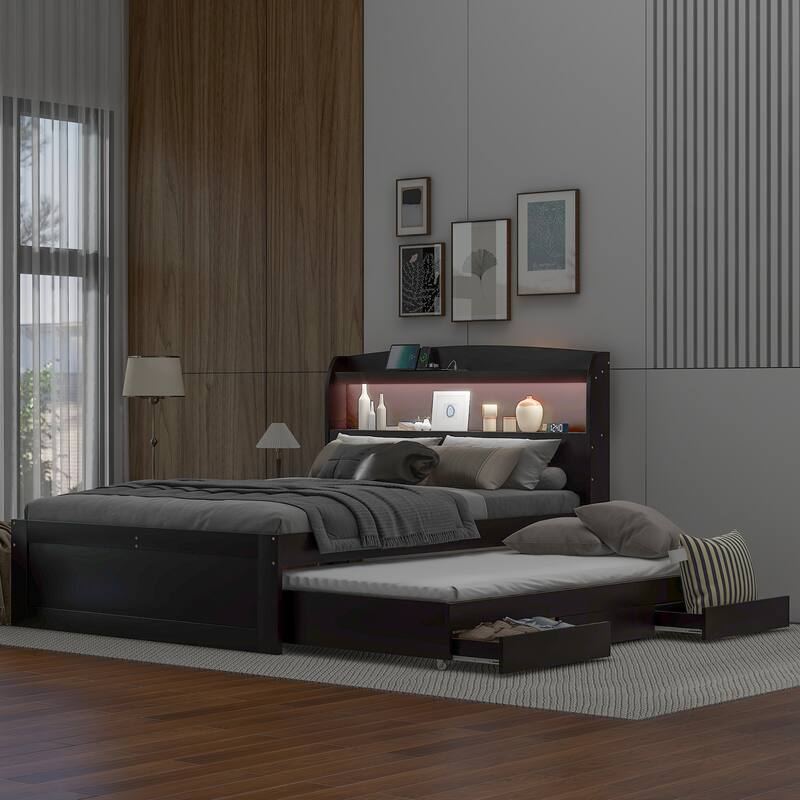 Full XL Size Platform Bed with Storage LED Headboard, Charging Station, Twin Size Trundle, and 2 Drawers