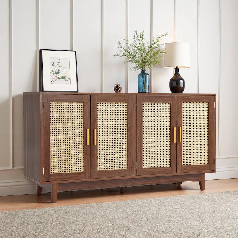 Wood TV Stand for up to 60" TVs with Four Rottan Doors