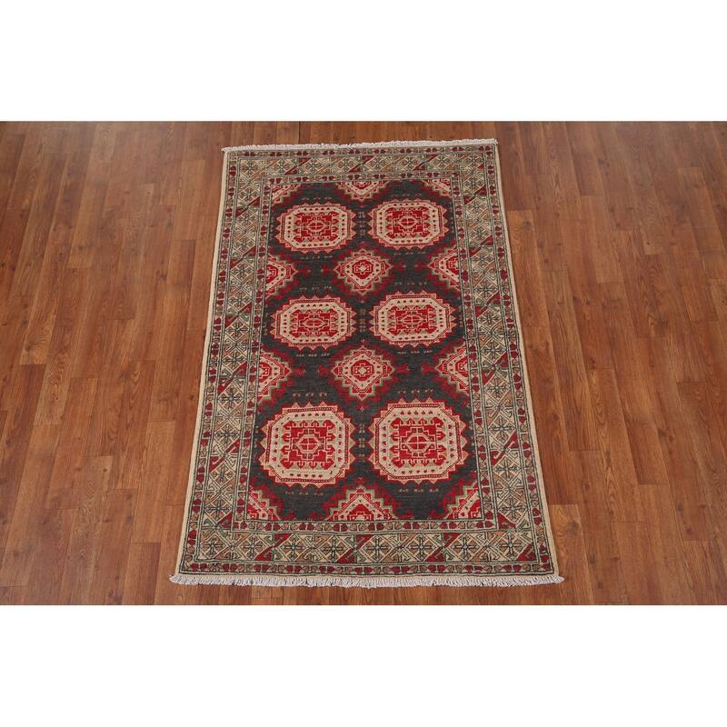 Charcoal Gray Kazak Oriental Accent Rug Handmade Wool Carpet - 3'2" x 4'11"