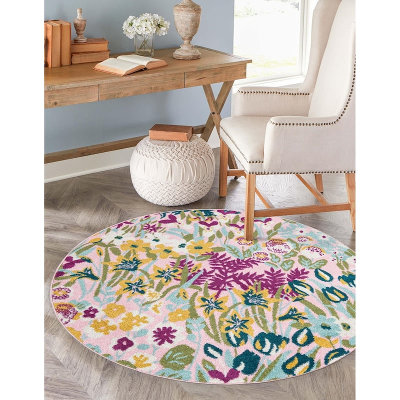 Contemporary Demdence Collection Area Rug - 5'3" Round - Pink