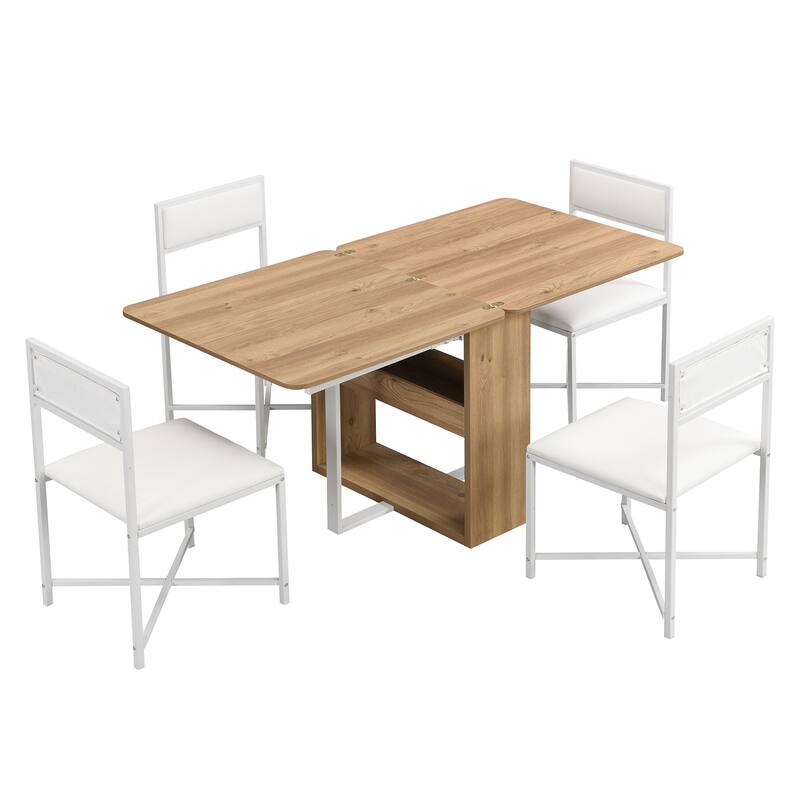 Modern 5-Piece Extendable Dining Table Set, 63" Kitchen Foldable Wooden Table with Lower Storage Shelf and 4 PU Leather Chairs