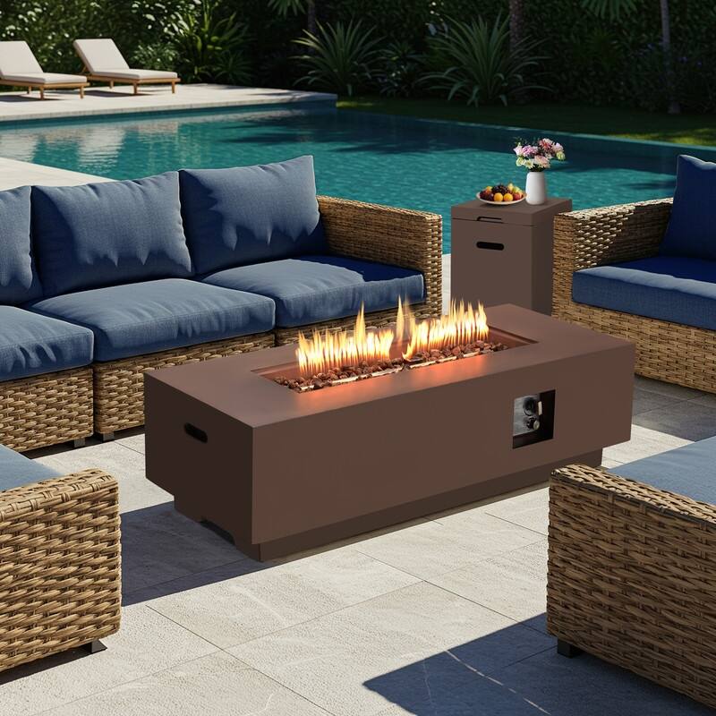 50,000 BTU 30" Outdoor White Round Propane Fire Pit Table and Set - Brown Rectangle-Fire Pit Set