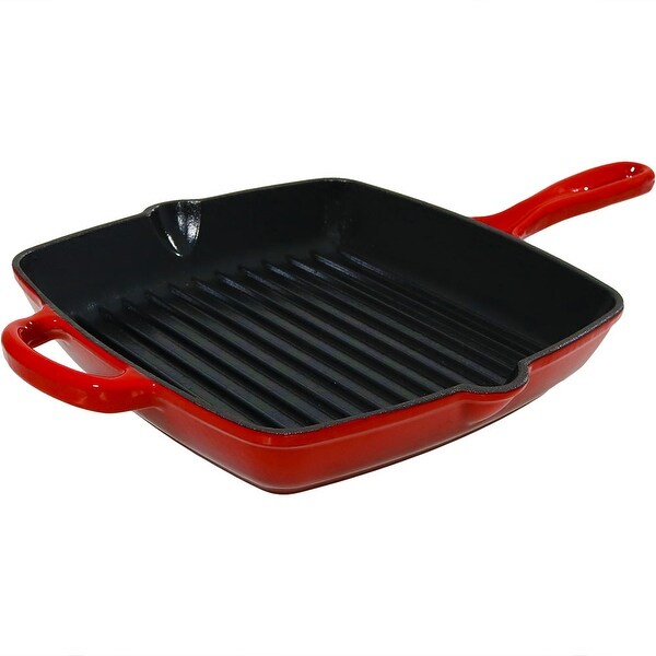 Sunnydaze Enameled Cast Iron Pre Seasoned 10 Inch Square Grill Pan Skillet Red