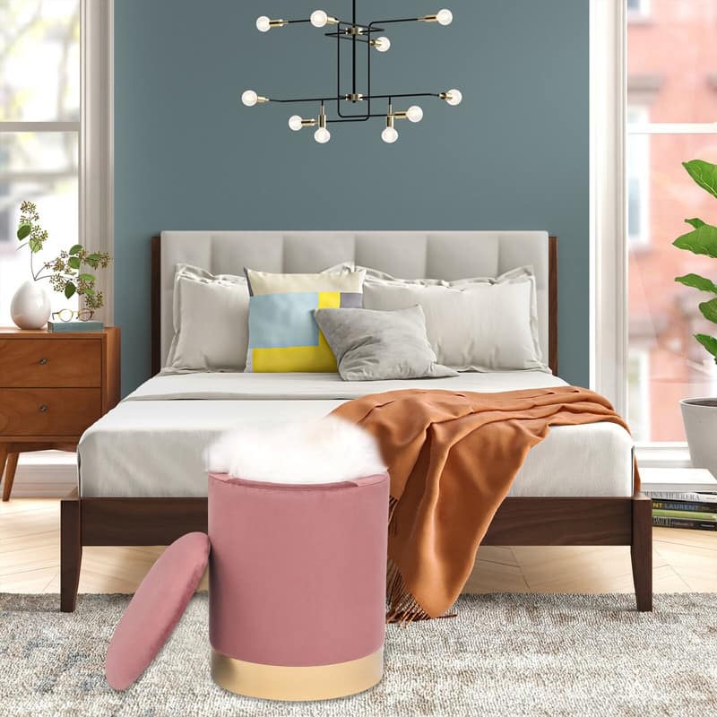 Adeco Round Storage Ottoman Footrest Stool Velvet Gold Plating Base