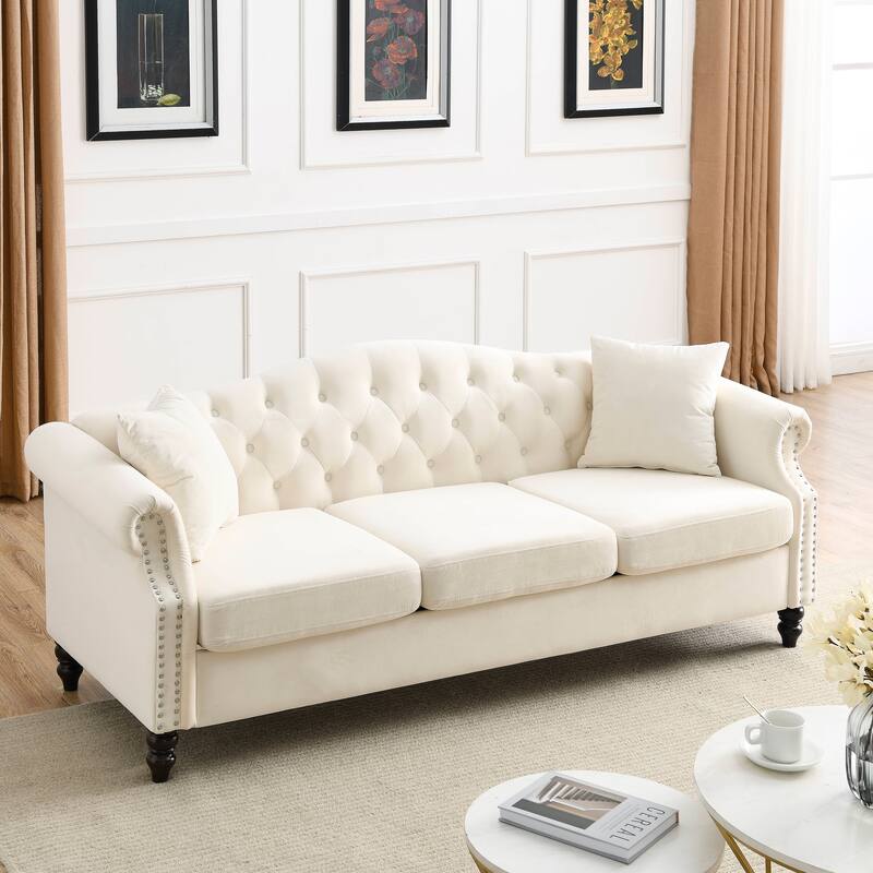 Chesterfield 3+3 Velvet Sofa Set with Nailhead Trim, Rolled Arms, and Throw Pillows, Perfect for Living Room