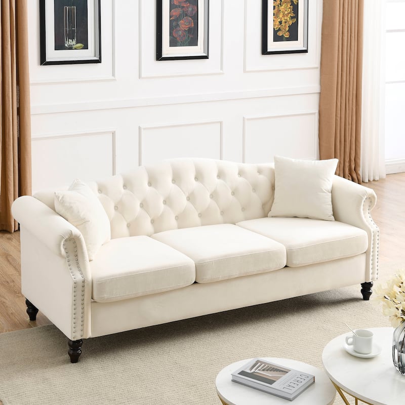 Classic Chesterfield 3-Seater Velvet Sofa with Rolled Arms and Nailhead for Living Room