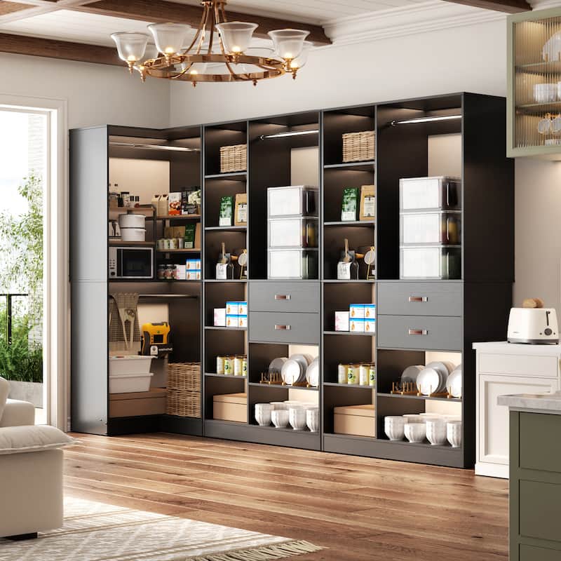 Set of 3 Corner Closet System with Tower Shelves, Closet Organizer with Drawers and Hanging Rods