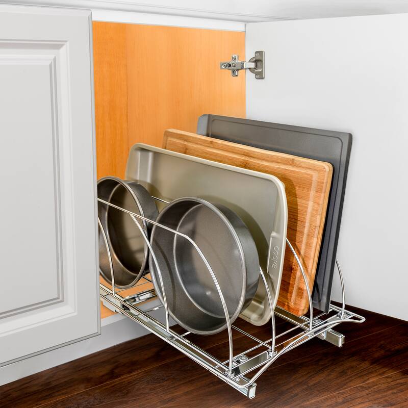 LYNK PROFESSIONAL® Slide Out Cutting Board, Cookie Sheet, and Baking Pan Organizer - 10” W x 21” D, Chrome - N/A