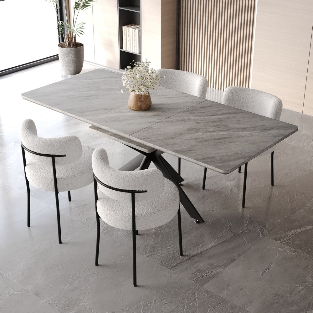 Modern Dining Set with Rectangular Extendable Table & Curved Backrest Round Upholstered Chairs