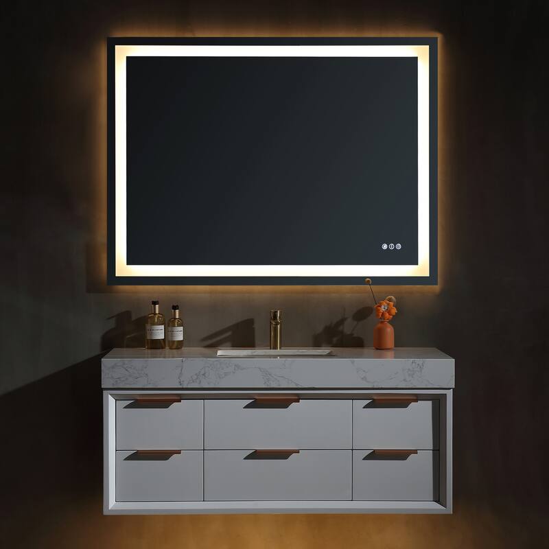 36/48/60 Modern Floating Bathroom Vanity with Sinle/Double Sink & Soft-Close Drawers & LED Lighting & Waterproof, White