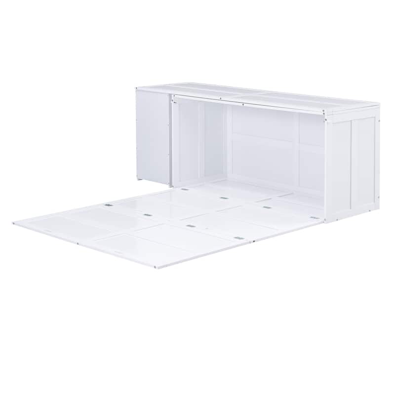 White Queen Murphy Bed in Pine Wood & MDF with Rotating Desk and Storage Shelves