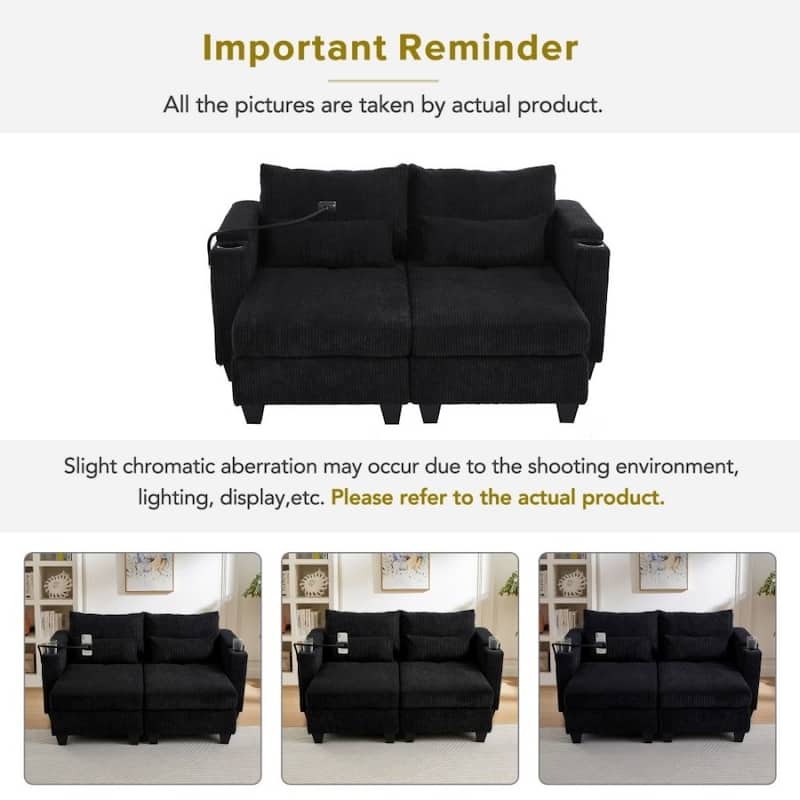 63" Corduroy Convertible Loveseat Sofa Bed with USB Ports, Two Cup Holders, A Phone Holder for Living Room