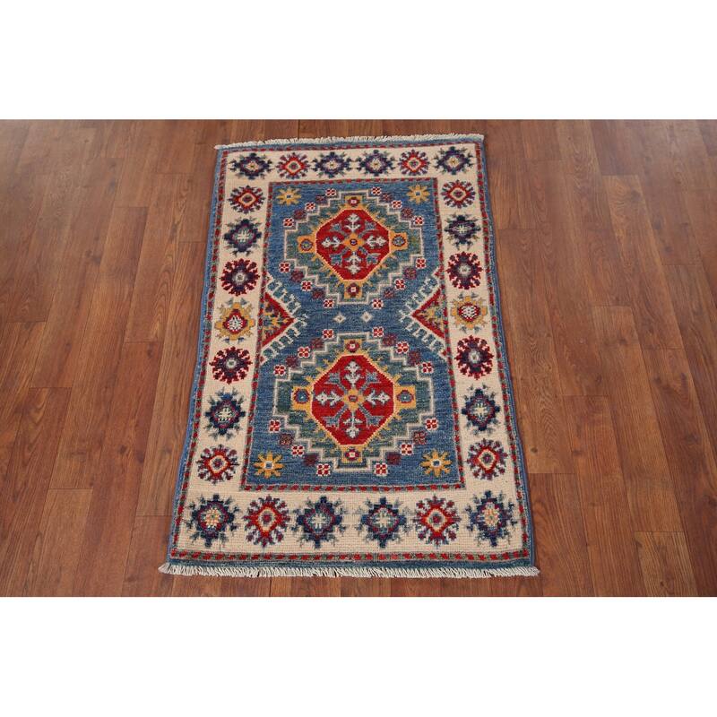 Blue Geometric Kazak Accent Rug Handmade Wool Carpet - 2'0" x 3'2"